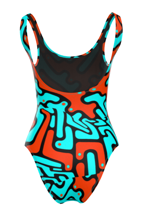 Costume donna da bagno intero Labyrinth celeste-arancio